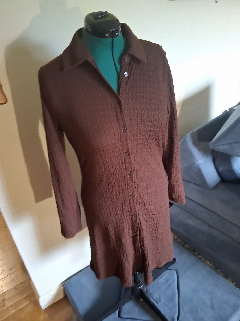 Classic Button-Front Brown Women’s Textured Long Sleeve Top